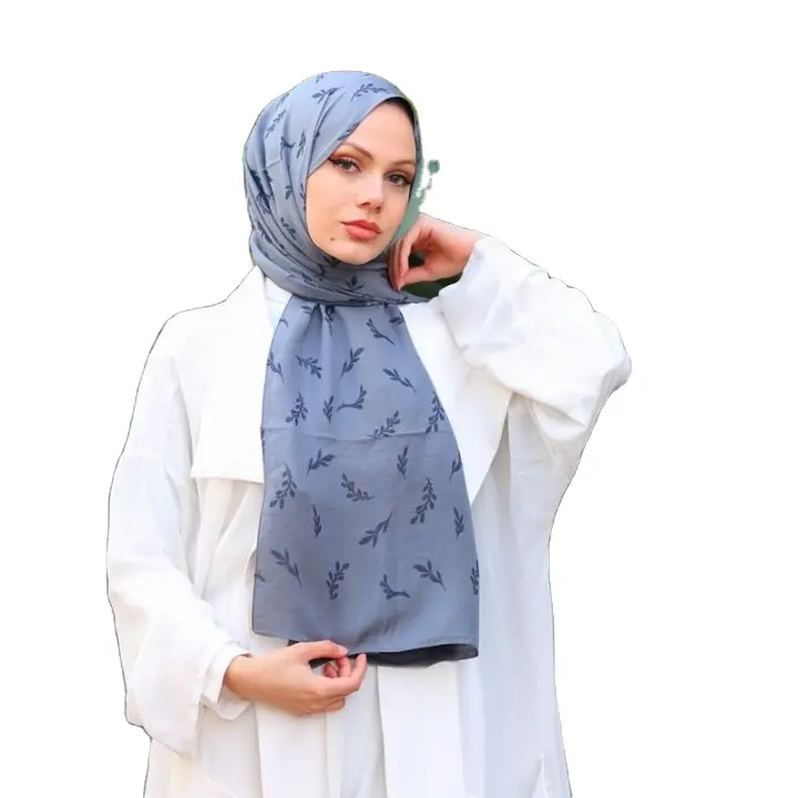 Crepe Women Shawl Branch Design Woman Hijab Traditional Islamic Turban for Girls Non Sweat Super Light Scarves Olive Natural
