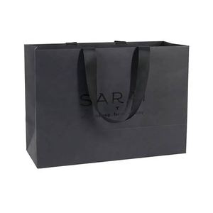 Wholesale Custom Luxury <b>Thick</b> Paper Gift Craft Packaging <b>Black</b> Shopping Embossing Paper Bag With Ribbon Handle - Product Image 3