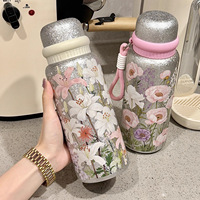 Nouvelle bouteille isotherme en titane à double paroi en acier inoxydable, magnifique bouteille d'eau à fleurs pour femmes