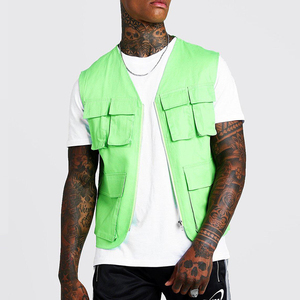 Neon <strong>Green</strong> <strong>Men</strong> Sleeveless Washed Pocket Detail Utility <strong>Denim</strong> Vest <strong>Jacket</strong> - Product Image 1