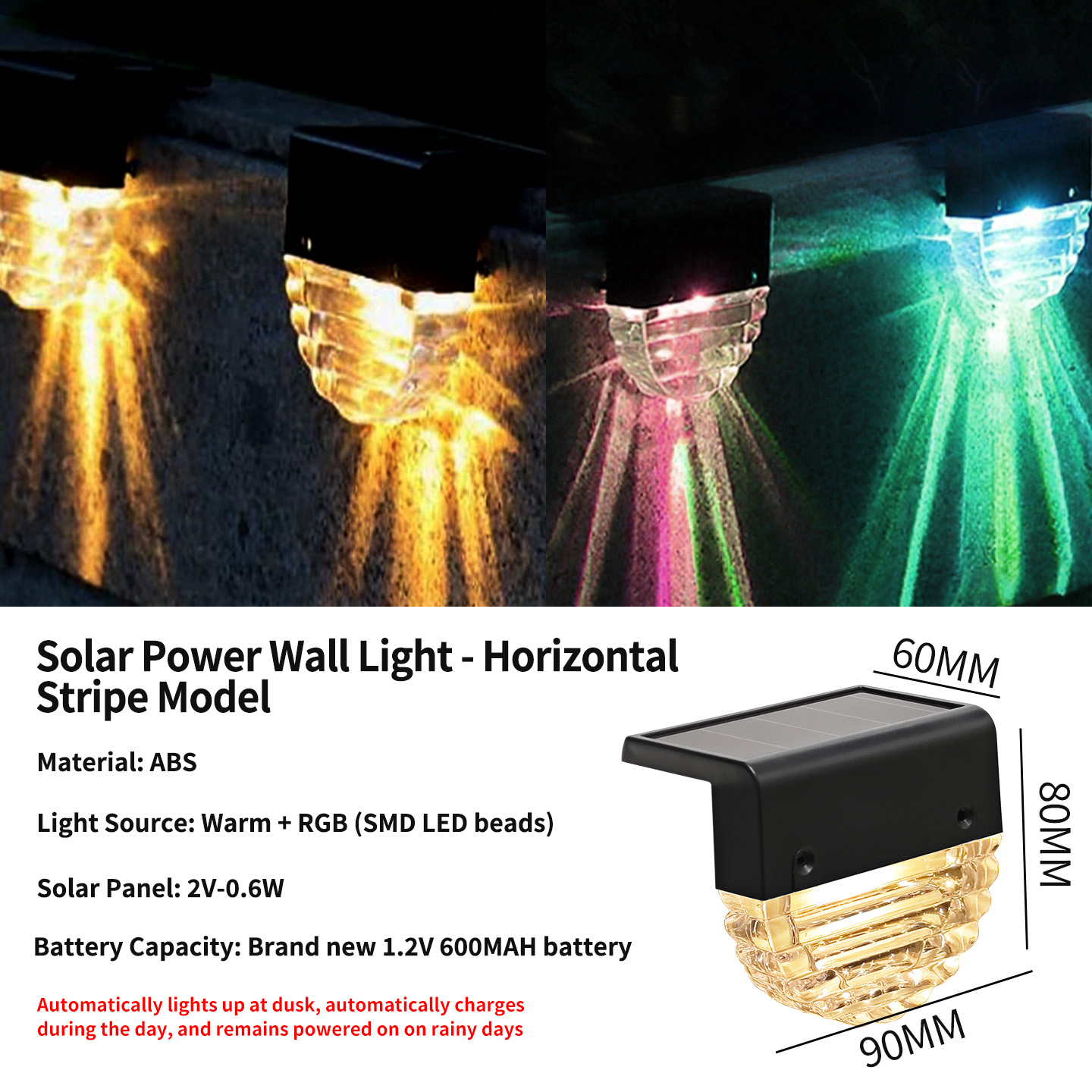 Schema Orizzontale [Lampada da Parete Solare] Luce Calda + RGB [Doppia Modalità]
