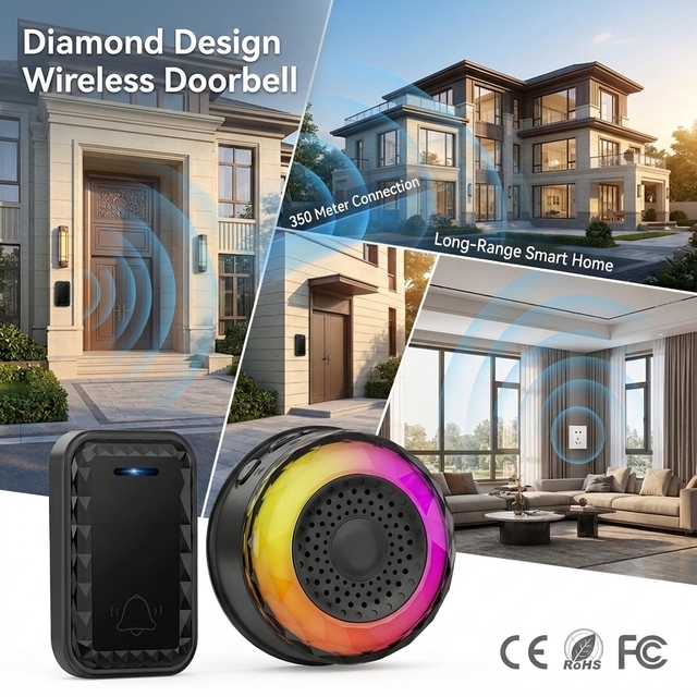 Wireless Doorbell Alarm 62 Chimes 350M Range 90-260VAC ABS+Cu Material Waterproof EU/US/UK Plug 110dB Door Ring Calling Bell