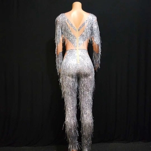 Argent manches longues strass franges barboteuses Sexy Club gland <span class=keywords><strong>combishort</strong></span> danse Costume scène Performance porter femmes combinaison - Product Image 6