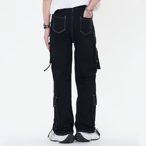 <span class=keywords><strong>Jeans</strong></span> Cargo in tinta unita stile scuro personalizzati da uomo larghi bianchi a contrasto <span class=keywords><strong>con</strong></span> cuciture a più grandi tasche larghe versatili moderni - Product Image 5