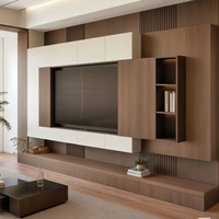 Console multimédia en verre à LED avec panneau en bois rainuré bicolore personnalisé et rangement mural pour téléviseur pour salon