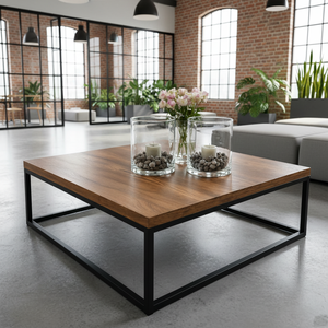 Mesa de Centro de Madera Maciza de Estilo Industrial con Estructura de Acero Negro, Mesa de Centro Contemporánea para Interiores Residenciales Elegantes - Product Image 1