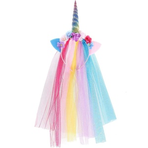 Bandeau en tissu <span class=keywords><strong>licorne</strong></span> Ychon avec crinière en tulle et fleurs, motif arc-en-ciel pour adultes et filles, décorations pour fêtes - Product Image 1