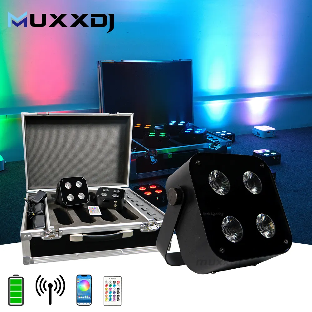 أضواء دي جي متخصصة من Muxxdj بأبعاد 4×12 واط باللون الأحمر والأخضر والأزرق والأزرق مع إضاءة بالأشعة فوق البنفسجية تعمل عن طريق بطارية مضيئة لاسلكية بتقنية IR4 مع تحكم عن بعد في الأشعة تحت الحمراء DMX أضواء للنادي لحفلات ليلة الزفاف