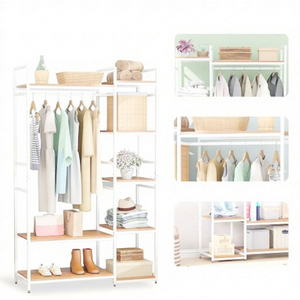 Porte-vêtements sur pied en métal minimaliste à 5 niveaux, multifonctionnel, avec barre de suspension et étagères - Product Image 4