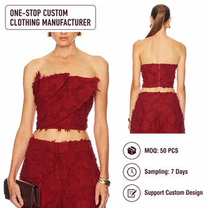 Custom Womens Burgundy Strapless Crop <strong>Top</strong> Distressed Frayed Texture Layered Wrap Front Raw Hem <strong>Bandeau</strong> Manufacturer - Product Image 1