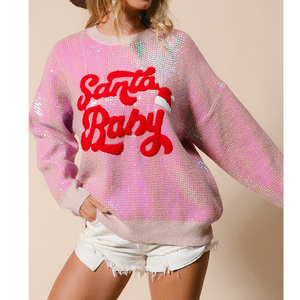 Presentes de Natal oversize solto inverno desgaste o-pescoço puff impressão padrão brilhando lantejoulas cor rosa mudando camisola para as mulheres - Product Image 2