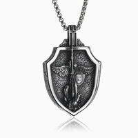 Collier pendentif unisexe en acier inoxydable plaqué argent, motif ange guerrier ailé et bouclier, serti griffe, Saint Michel Archange, chapelet