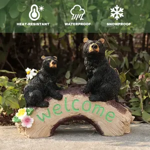 Statua da Giardino di <span class=keywords><strong>Orso</strong></span> Nero Carino, Realistico Coppia di Orsi in Resina Seduta su Ponte di Legno con Insegna 'Benvenuti', Decorazione Floreale Colorata - Product Image 4