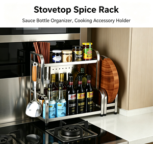 Étagère de rangement de cuisine en acier inoxydable à 2 niveaux, organiseur de condiments, support pour bouteilles et bocaux avec repose-baguettes et cuillères - Product Image 3