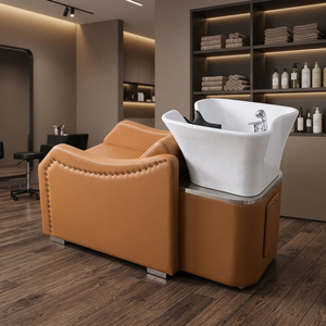 Sillón de Lavado de Cabello de Cuero PU Naranja, Unidad de Lavado para Salón, Estructura Metálica, Reclinable, con Lavabo de Cerámica - Product Image 5