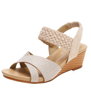Sandales compensées élégantes pour femmes, à bout ouvert, en textile respirant, talon bas, style à enfiler pour l'été - Product Image 6