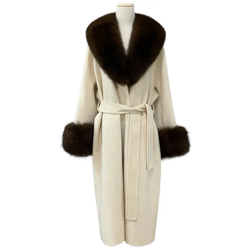Yeni tasarım tilki kürk yaka manşetleri kış palto gerçek alpaka yünü kaşmir uzun ceket kadınlar için