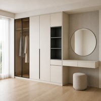 Armoire de toilette moderne minimaliste avec étagères ouvertes en verre et tiroirs, en contreplaqué mélaminé, en kit KD, fabrication OEM ODM sur mesure