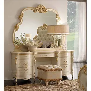 热卖经典法式家具卧室豪华古董木制梳妆台6抽屉带镜子和凳子