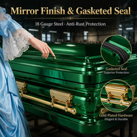 Cercueil en acier vert émeraude finition miroir, taille 18, avec joint d'étanchéité, cercueil funéraire entièrement horizontal, doublure en velours blanc.