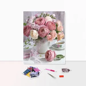 DIY 5d Diamond Painting Kits Pink Flowers Vase Printed Diamond Painting Canvas Wall Art