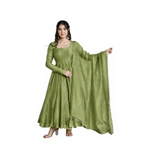 Robe Anarkali longue en coton vert pour femme, style traditionnel indien et pakistanais, coupe ample décontractée - Product Image 1