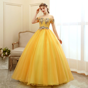 Gold Off The Shoulder Ball Gown Empire Waist Long Evening Dress For Women With Lace Up Back And Tulle Skirt - Product Image 2
