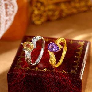 Bague Ajustable en Argent Sterling 925 Plaqué Or avec Pierres Naturelles en Forme de Poire 6*8mm et Plume d'Ange, Bijoux Bohèmes pour Femmes - Product Image 2