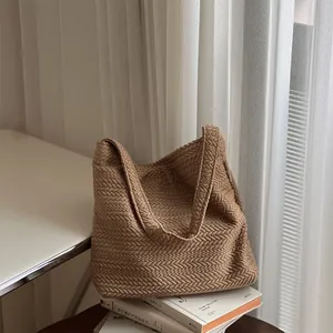Sac bandoulière en toile beige pour femme Su Xi, petit format, à porter à l'épaule ou sous le bras, avec fermeture ouverte, texture tissée motif épis de riz, très tendance - Product Image 4