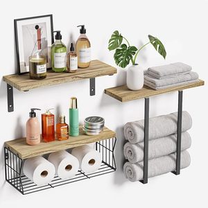 Wall <strong>Shelves</strong> Set Hanging <strong>Rustic</strong> Retro Modern Home Decor Metal Rack Book Storage Wood Mounted Wall Floating Shelf for Living Room - Product Image 1
