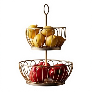Wholesale 2-Tier Gold Metal Wire Fruit Storage <b>Basket</b> Center Handle Kitchen Vegetable <b>Display</b> Stand - Product Image 1