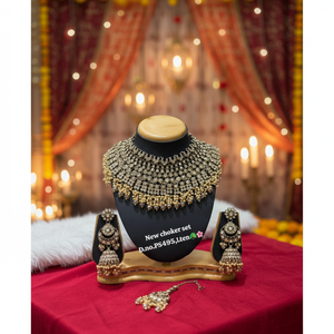 <b>Gold</b> Plated Bridal Shadow Choker Necklace <b>Set</b> Earrings Maang Tikka Ethnic Wedding Party Jewelry Handmade Engagement Anniversary - Product Image 3