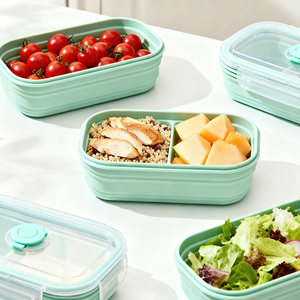 Tùy Chỉnh Microwaveable Phân Hủy Sinh Học Khay Nhựa Silicone Đôi Ngăn Gấp Snack Thực Phẩm Lưu Trữ <span class=keywords><strong>Container</strong></span> Với Nắp - Product Image 5