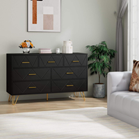 Commode de luxe en bois massif noir à 7 tiroirs avec poignées dorées, panneau MDF, meuble de rangement moderne pour chambre à coucher