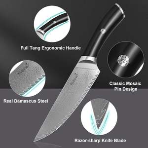 طقم سكاكين كوزين الكامل المكون من 14 قطعة من الفولاذ الدمشقي المقاوم للصدأ مع مقبض أسود من البلاستيك المقوى وحامل خشبي - Product Image 4