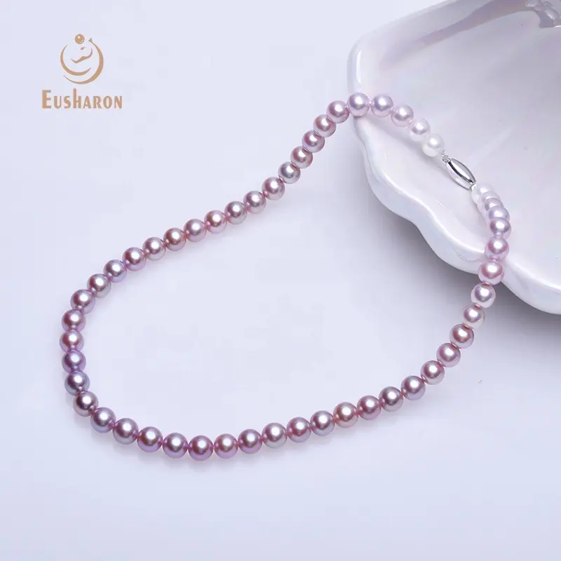 6-8.5mm 18K Gold Buckle Gradient Lavender Round Bead Freshwater Pearl Jewelry Necklace