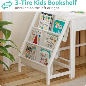 Ensemble <span class=keywords><strong>bureau</strong></span> et chaise blanc pour enfants, pour garçons et filles de <span class=keywords><strong>5</strong></span> à 8 <span class=keywords><strong>ans</strong></span>. Cette station d'étude pour enfants est équipée d'étagères à livres et de tiroirs en tissu. - Product Image 5