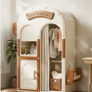 Balom French Country Style White Solid Wood Kids Wardrobe With Carved Top Arched Lines <b>Glass</b> Display and Open Hanging Design - Product Image 4