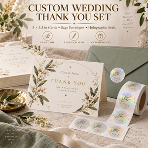 Cartes de remerciement personnalisées en or sur fond vert sauge avec enveloppes et autocollants holographiques pour cadeaux et emballages. - Product Image 1