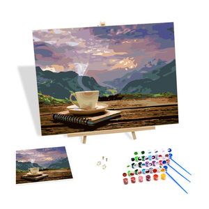 <span class=keywords><strong>Pintura</strong></span> al óleo <span class=keywords><strong>con</strong></span> vista a la montaña más vendida, cuaderno de taza de café de naturaleza muerta sobre lienzo, <span class=keywords><strong>pintura</strong></span> por números, decoración para sala de estar - Product Image 1