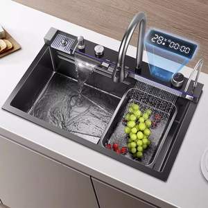อ่างล้างจานในครัวแบบมีน้ำตกอเนกประสงค์สไตล์แฟชั่นอ่างล้างจานสแตนเลสอ่างล้างจานแบบเดี่ยวอ่างล้างจานในครัวแบบ304ฝนสีดำ - Product Image 6