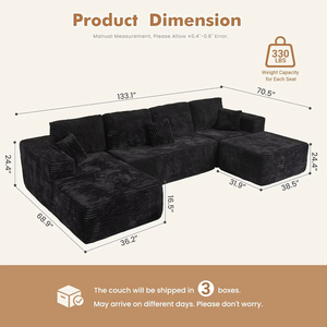 Beige U-Shaped Double Chaise Sofa Corduroy <b>Memory</b> <b>Foam</b> Boneless Deep Seat Modular No Assembly - Product Image 3