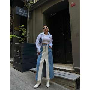 Casual <b>White</b> <b>Denim</b> <b>Skirt</b> Front Slit Long Maxi Length Deco Button Seasonal Asymmetric Dot Pattern Formal Pleated Washed Waist - Product Image 2