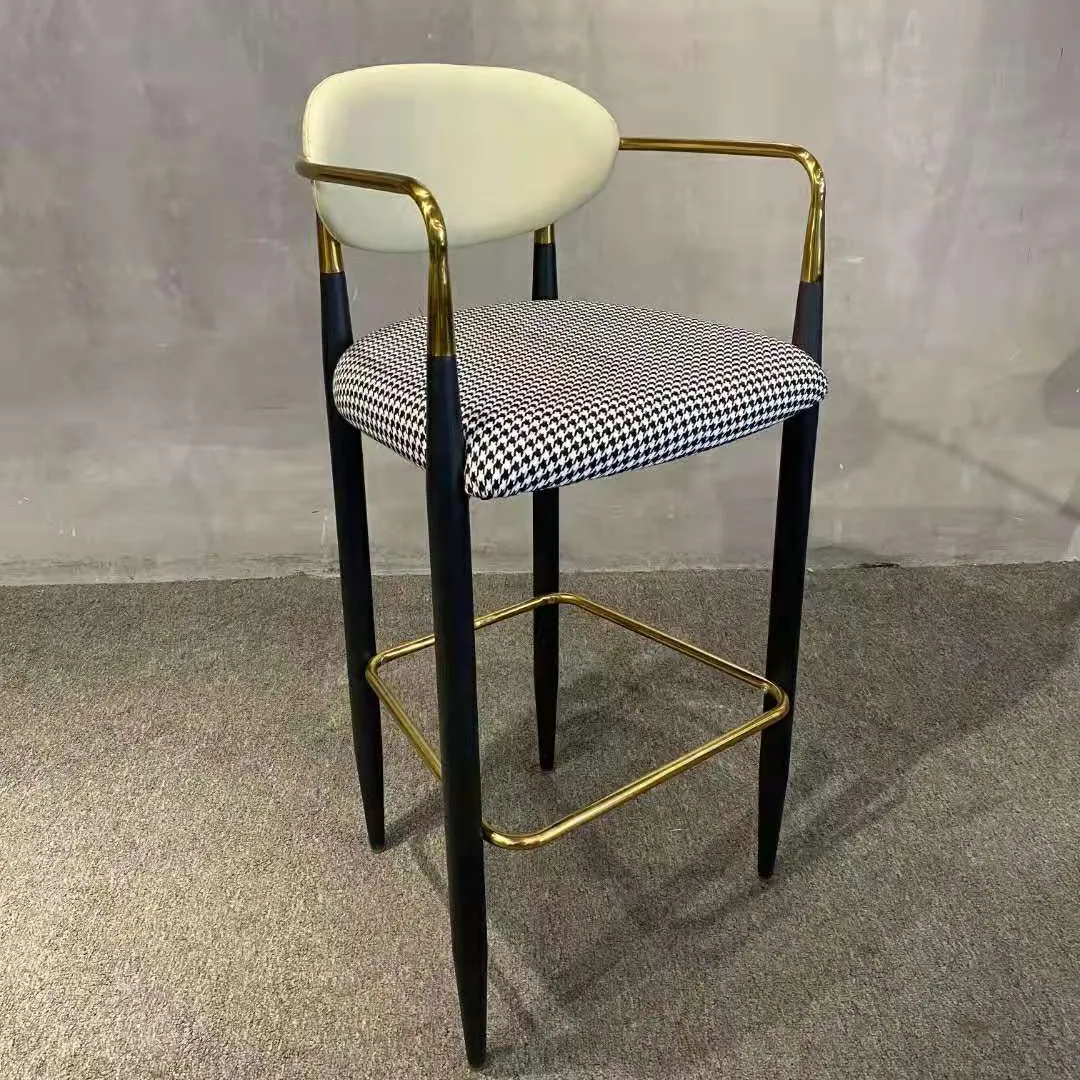 Wholesale 5 star curry velvet upholstery golden leg bar chair velvet leather back high bar stool