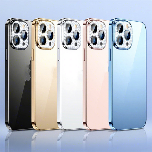 Luxury Frost Plating Color Border With Bling Glitter Lens Tempered Glass Phone Accessory Case for iPhone 13 14 15 16 17 Pro Max