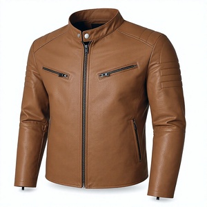 Unisex Tan PU Leather Moto <b>Jacket</b> with Stand Collar Dual Zip Pockets <b>Quilted</b> Shoulder Detail Quick Dry & Breathable - Product Image 5