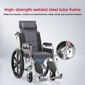 Fauteuil roulant manuel pliable avec siège de toilette et dossier entièrement inclinable, fauteuil roulant de voyage léger et portable pour personnes âgées et handicapées - Product Image 2