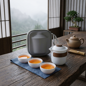 Kit de Té Ligero para Acampar al Aire Libre con Estuche, Funda de Madera Anti-escaldaduras, Tetera y Tazas de Cerámica para Picnic y Viajes - Product Image 1