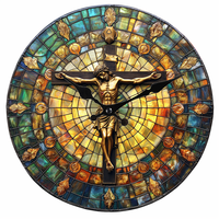Jam Dinding Religius Yesus Salib 3D Relief Pola Kaca Tiffany Gerakan Quartz Senyap Tanpa Bunyi Tik-tok untuk Hadiah Rumah Kristen