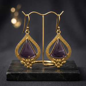 Handmade Brass Gemstone <b>Huggie</b> <b>Earrings</b> with Amethyst Hydro Rhodium Plated Boho Fashion <b>Earrings</b> - Product Image 2
